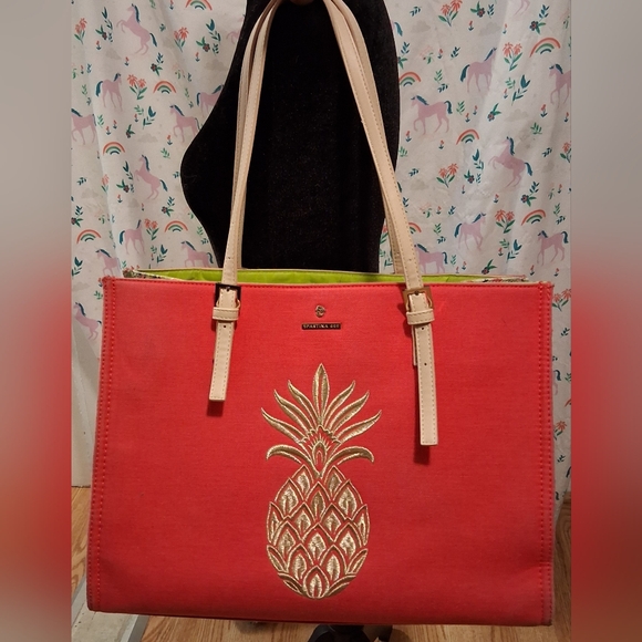 Spartina 449 Pink & Green Pineapple Paisley Linen Boho Casual Tote Purse Bag - Picture 2 of 13